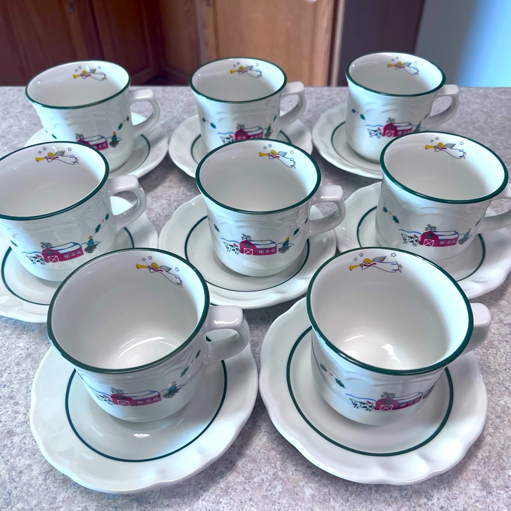 8 Sets PFALTZGRAFF  Christmas Snowmen Coffee Cups with Saucers Snow Village EUC